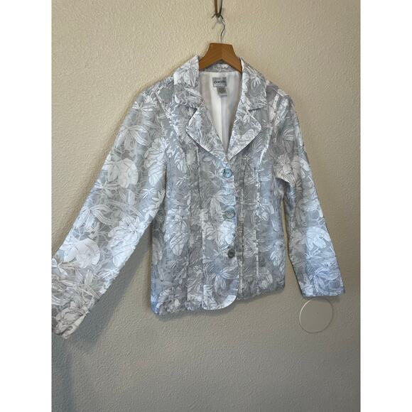 Chico’s Gray & White Floral Preppy Cottage Button Up Nylon Blazer Size 1 (Med) - Picture 2 of 9